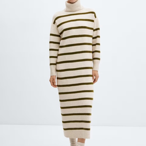 MANGO Knitted Turtleneck Sweater Dress Green Stripe Size 0 - Picture 2 of 4